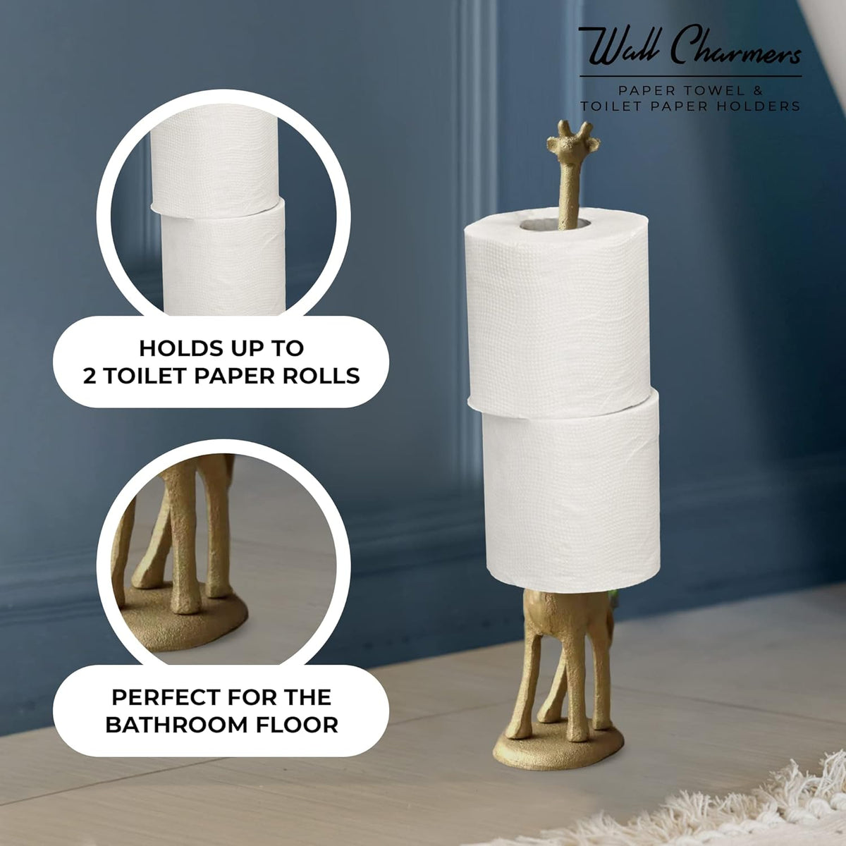 WallCharmers Gold Paper Towel Holder, Metal Toilet or Kitchen Paper Holder for Floor or Countertop, Gold Giraffe