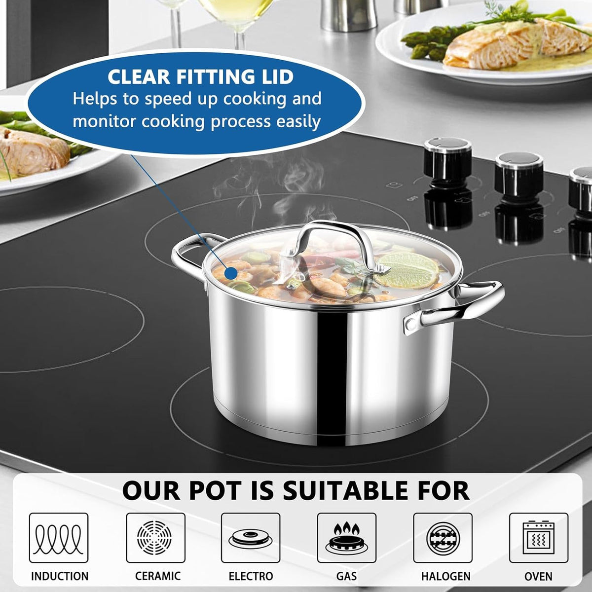P&P CHEF 4 Quarts Cooking Stock Pot with Lid, Stainless Steel Stockpot Induction Pot for Soup, Tri-Ply Bottom & Clear Glass Lid & Double Handle, Dishwasher Safe