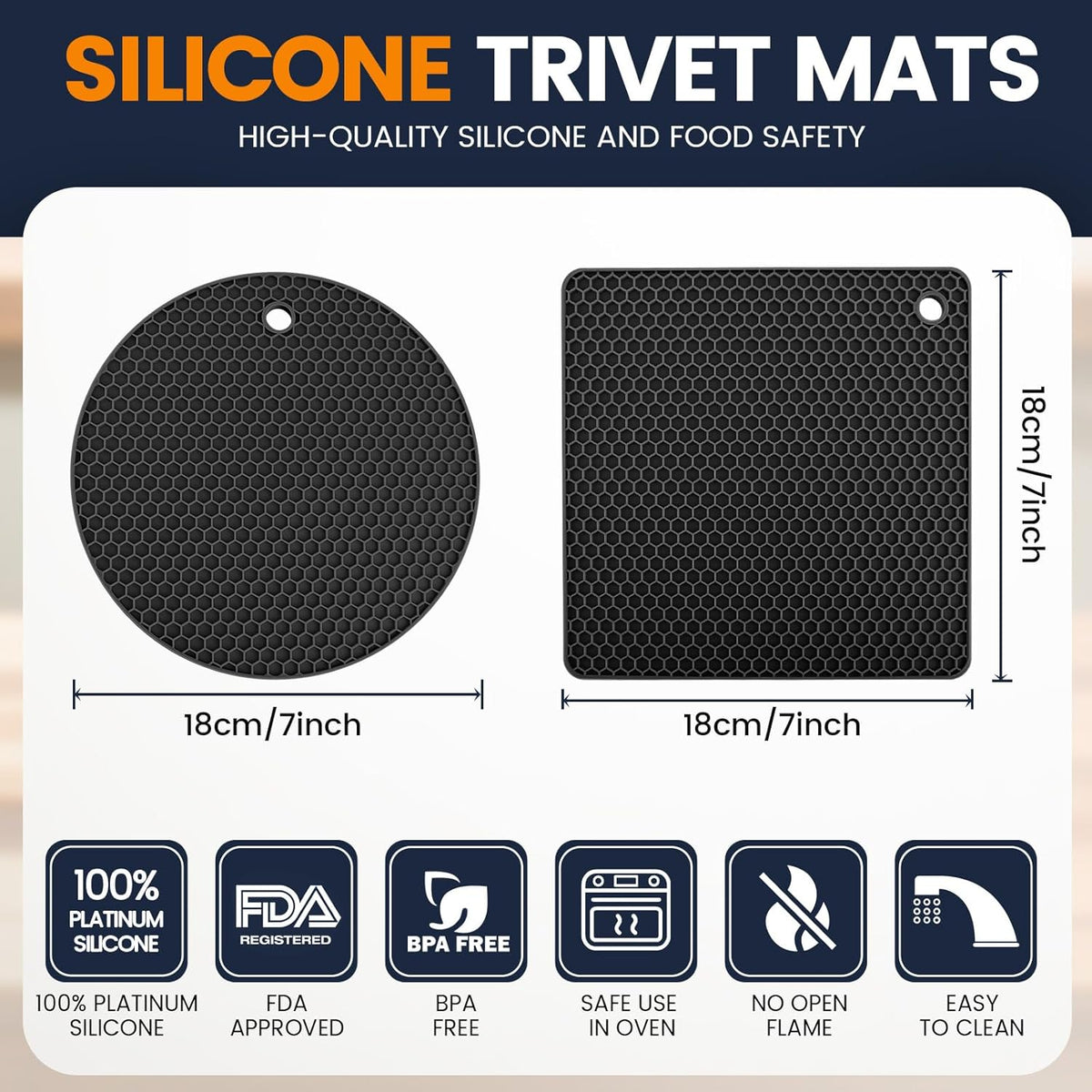 Silicone Trivet Mats 4 Heat Resistant Pot Holders Multipurpose Non-Slip Hot Pads for Kitchen Potholders, Drying mat, Jar Opener, Spoon Holder, Coaster(Black)