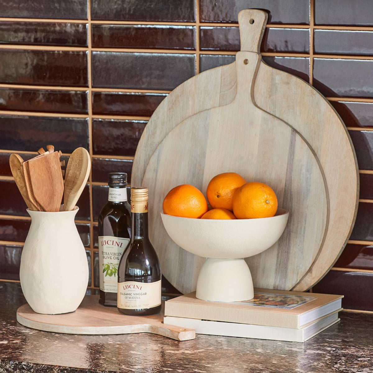 Wood Cutting Board 19in Handmade Round Serving & Chopping Board Paddle with Handle, Premium Home Decor Wooden Cutting Boards for Kitchen Display & Chopping, Light Wood