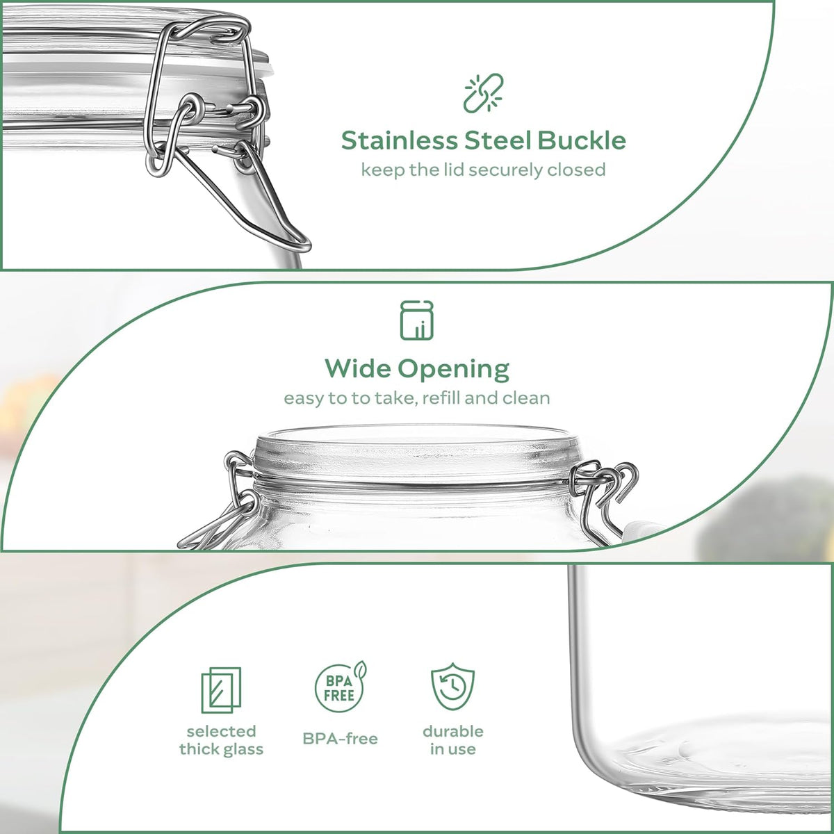 Glass Food Storage Jars with Airtight Lids 17 oz Square 4 Pack Kitchen Storage Containers Cabinet Canisters Sealed Pot Canning for Pasta, Cereal, Coffee, Beans, Spice