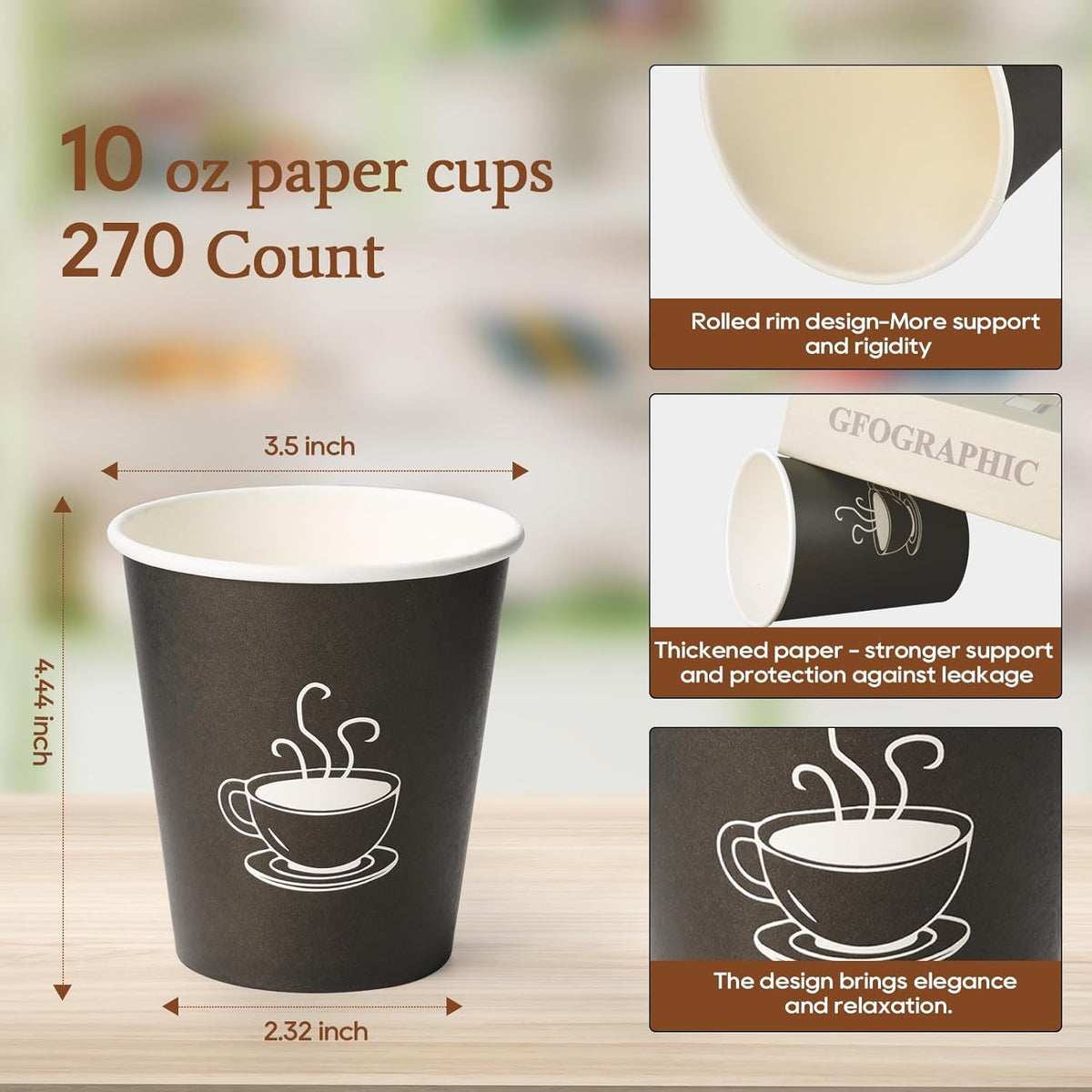 10 oz Paper Cups, 270 Count, Disposable Coffee Cups for Water, Juice or Tea, Perfect for Office Parties or Events