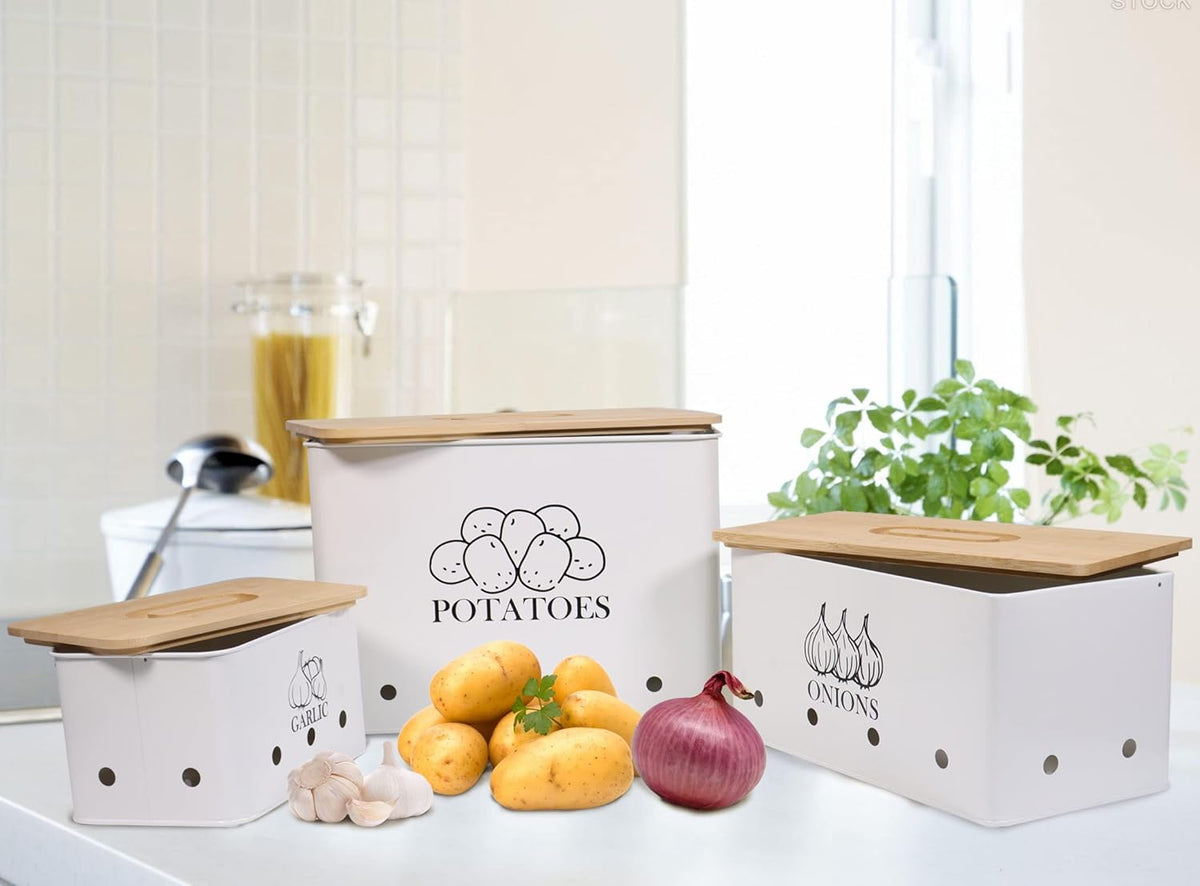 Kitchen Vegetable Storage Tins Set of 3 for Potato Onion & Garlic with Wooden Lid, Kitchen Storage Canisters Set, Long Shelf Life - White