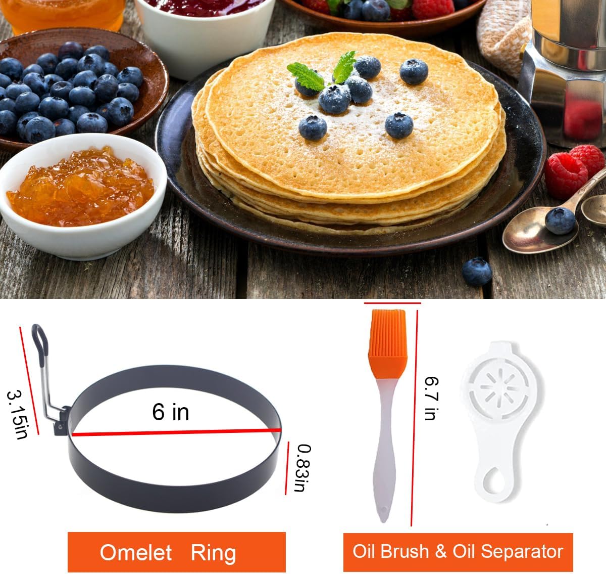 Pancake Ring for Griddle,2 Packs 6 Inch Egg Pancake Maker,Omelette Rings for Griddle,Non-stick Stainless Steel Crumpet Ring,Egg Muffin Rings Fried Egg Ring Pancake Shaper with Sinlicone Handle Grill