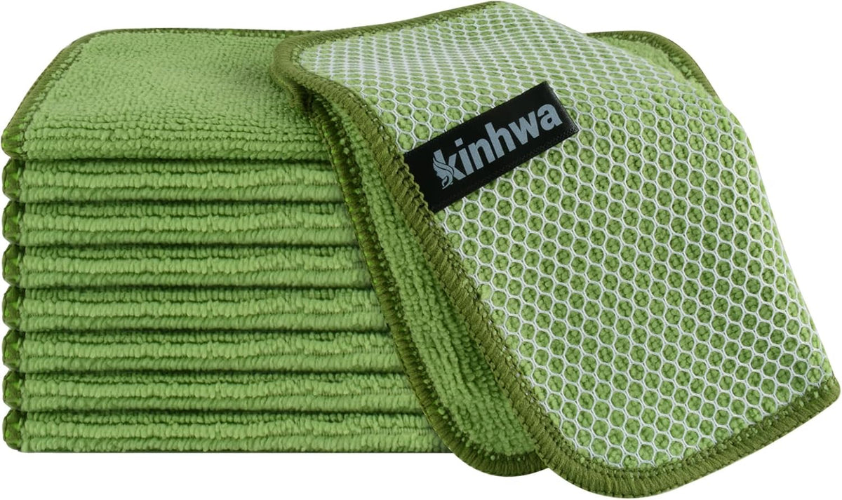 KinHwa Kitchen Washcloths for Dishes Absorbent Microfiber Dish Cloths Quick Dry Dish Rags with Poly Scour Scrub Side Ideal for Kitchen Cleaning (Green, 7inchx7inch 9 Pack)