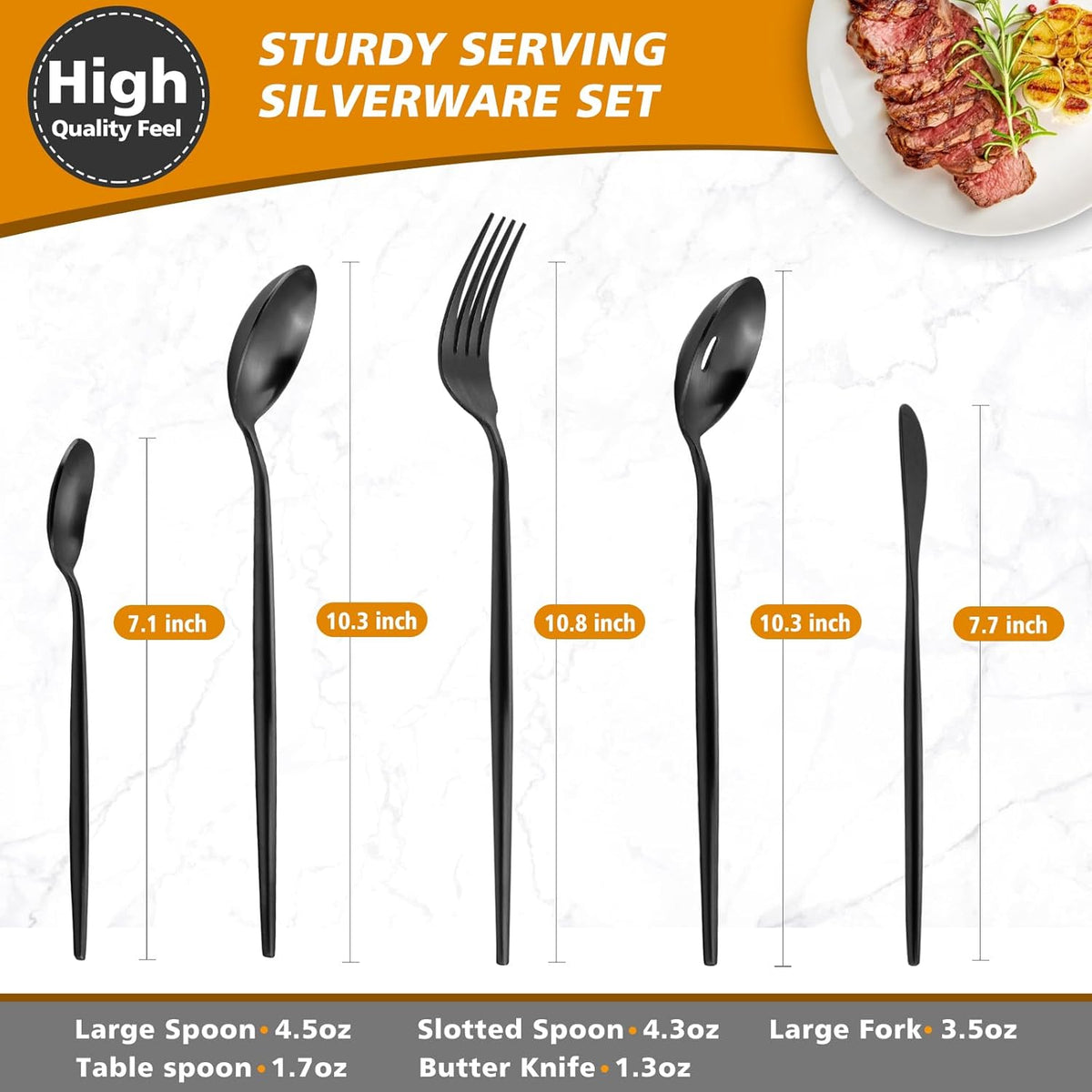 Matte Black Serving Set，Oliviola 5-Piece Stainless Steel Large Hostess Set with Round Edge, Satin Finished, Dishwasher Safe -Large Spoon, Large Fork,Butter Knife，Sugar Spoon & Slotted Spoon