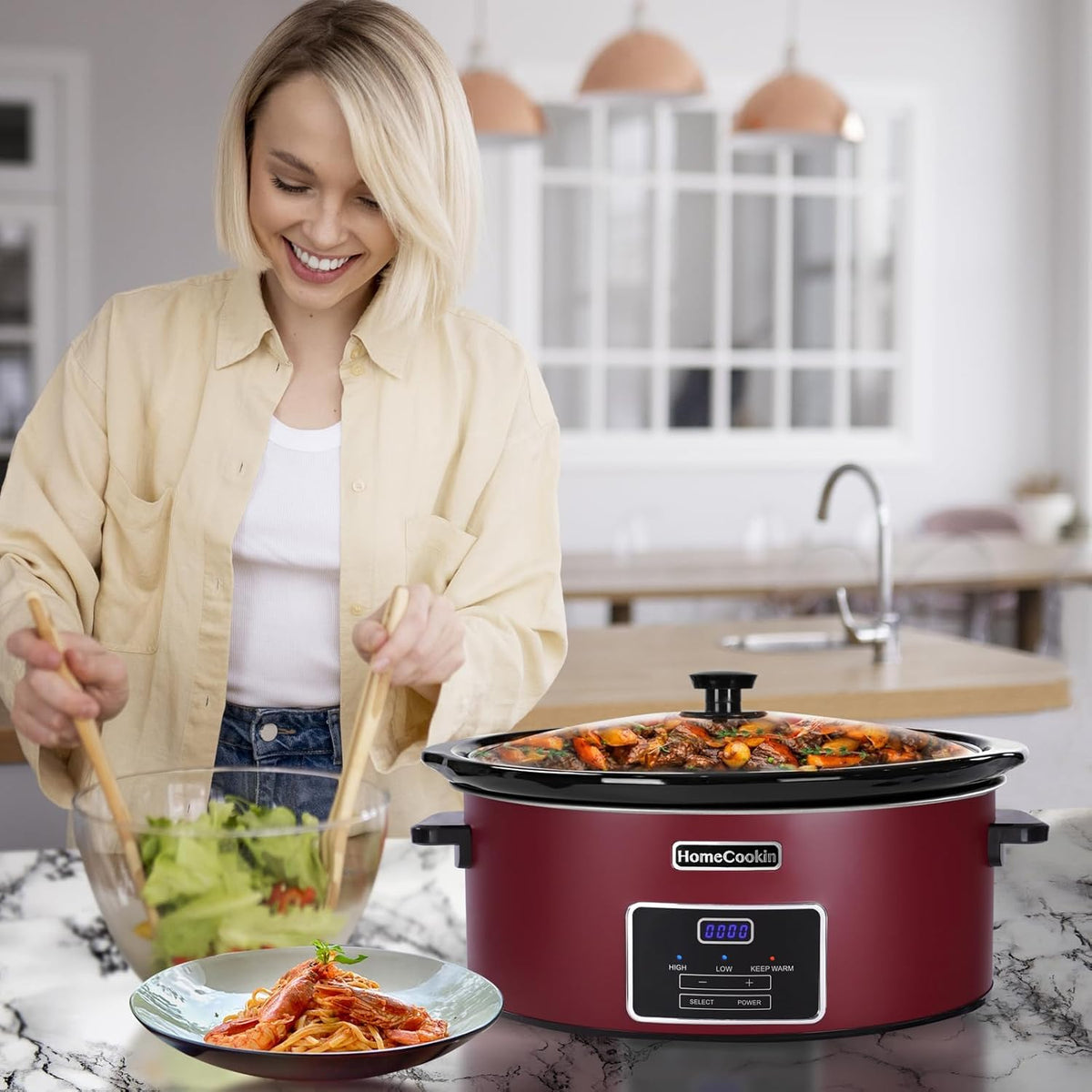 HOMECOOKIN 8 Quart Programmable Slow Cooker, Kitchen Appliances, Perfect Kitchen Small Appliance for Family Dinners, Red Stainless Steel