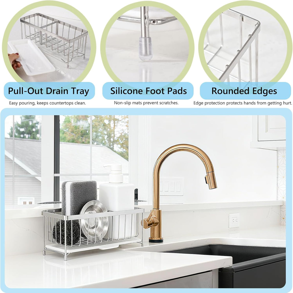 Kavciva Sink Caddy Sponge Holder,304 Stainless Steel Dish Brush Holder,Kitchen Countertop Sink Rack,Dish Soap Holder,Dishwashing Tool Drying Tray with Adjustable Partitions,Essential Kitchen Shelves