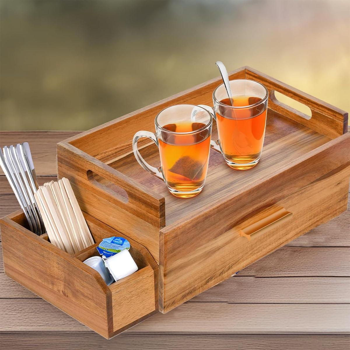 Acacia Wood Tea Bag Organizer, Wooden Tea Bag Storage Box Holder with Drawer for Kitchen Office Tea Bar Countertop