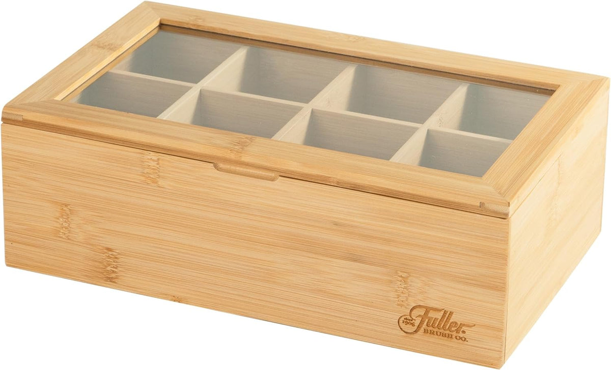 Fuller Bamboo Tea Box Organizer with 8 Compartments – Natural Bamboo Tea Storage Case with Clear Acrylic Lid – Elegant Fuller Tea Caddy for Tea Bags, Coffee Pods, Spices & More – Home & Office