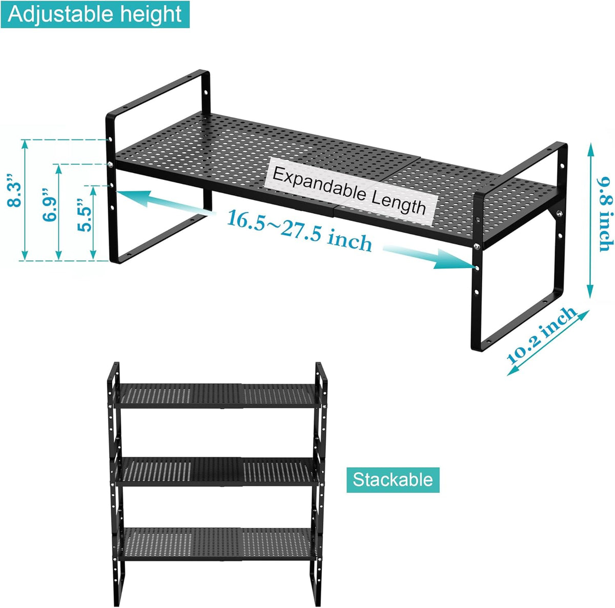 iPEGTOP 2 Pack Large Expandable Cabinet Storage Shelf, Heavy Duty Stackable Steel Metal Spice Rack Adjustable Height Home Office Pantry Garage Shelves for Counter Kitchen Organization, Black