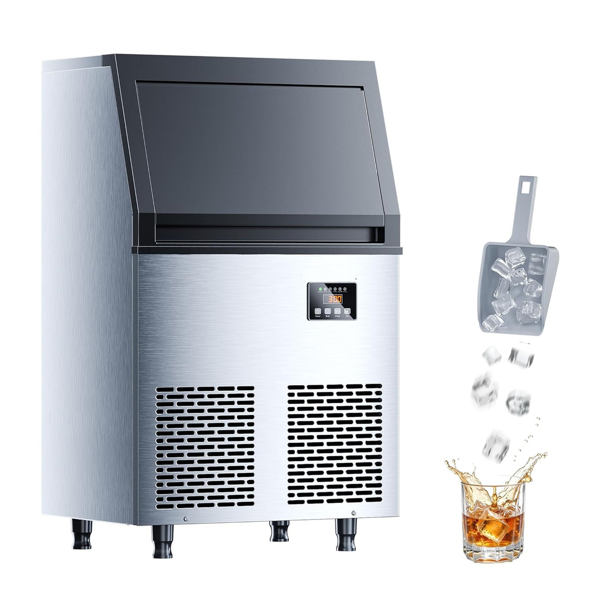 200 lbs/24H Commercial Ice Maker Machine,45 Cubes/6mins, 35 lbs Ice Storage Capacity, Under Counter Ice Maker Self Cleaning, Stainless Steel Freestanding Ice Maker for Home Bar Restaurant