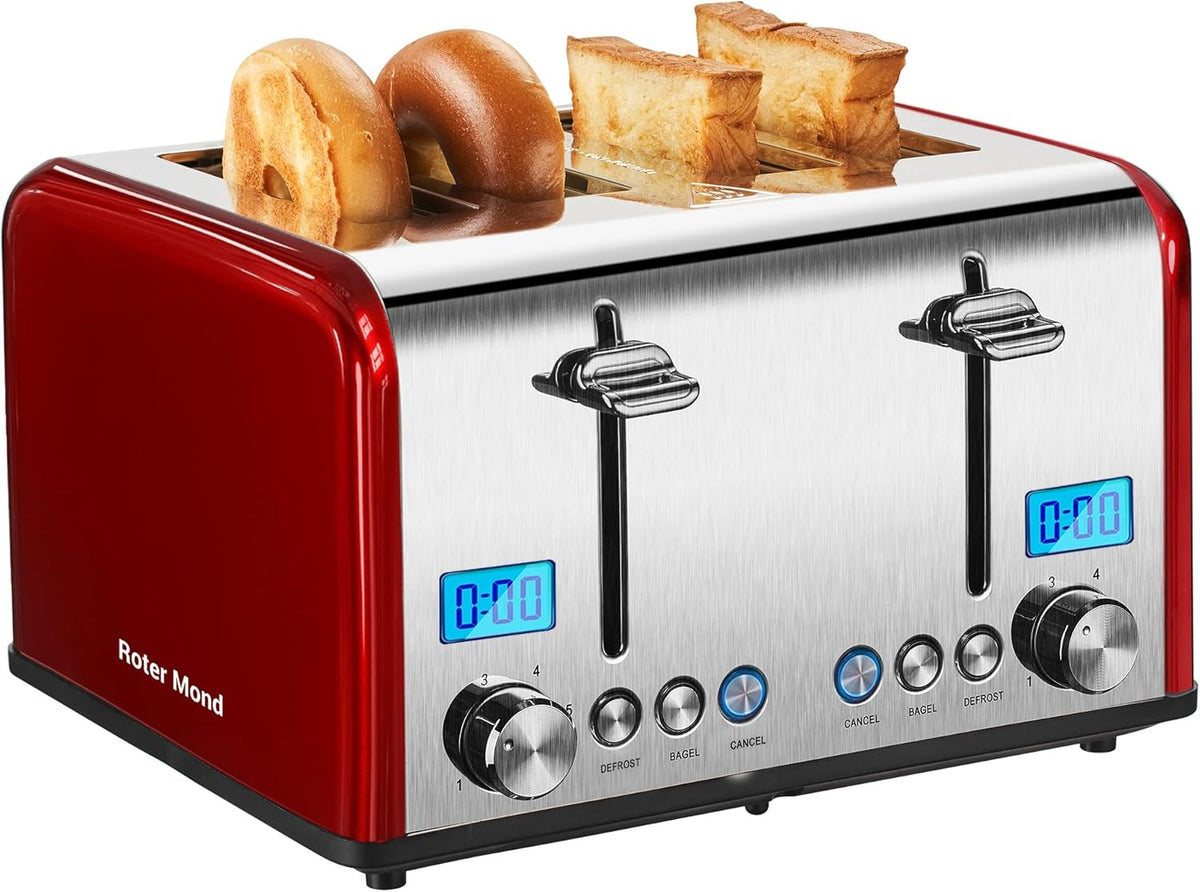 Countdown Stainless Steel 4 Slice Toaster with Bagel, Defrost, Cancel Function, Dual Toaster, Extra Wide Slots, 6 Shade Settings, Removable Crumb Trays, 1650W, Red