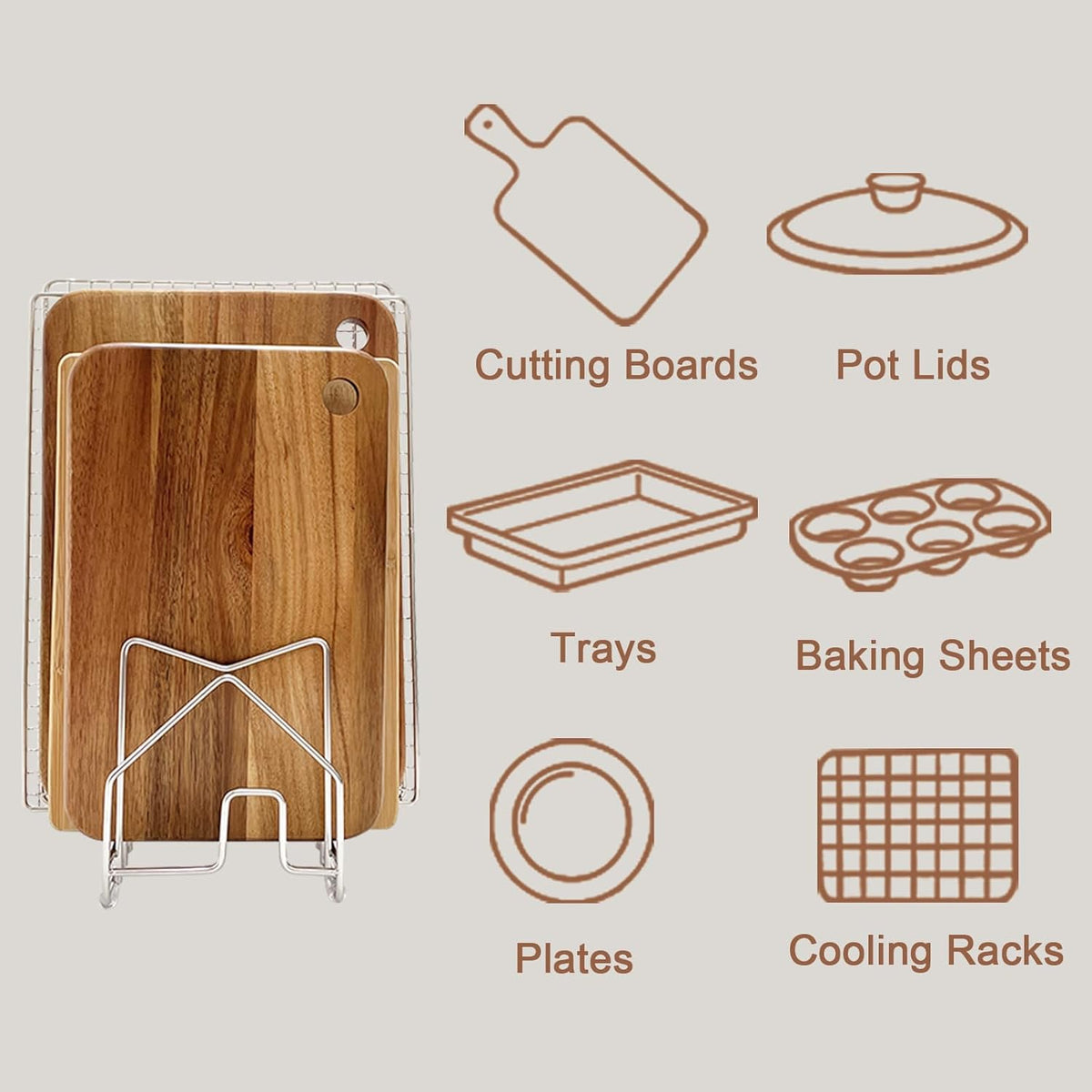 Pot Lid Organizer Cutting Board Holder Inside Cabinet 304 Stainless Steel Pots and Pan Organizer Under Cabinet Pot Cover Cookie Sheet Bakeware Serving Tray Cooling Rack Stand Kitchen Countertop
