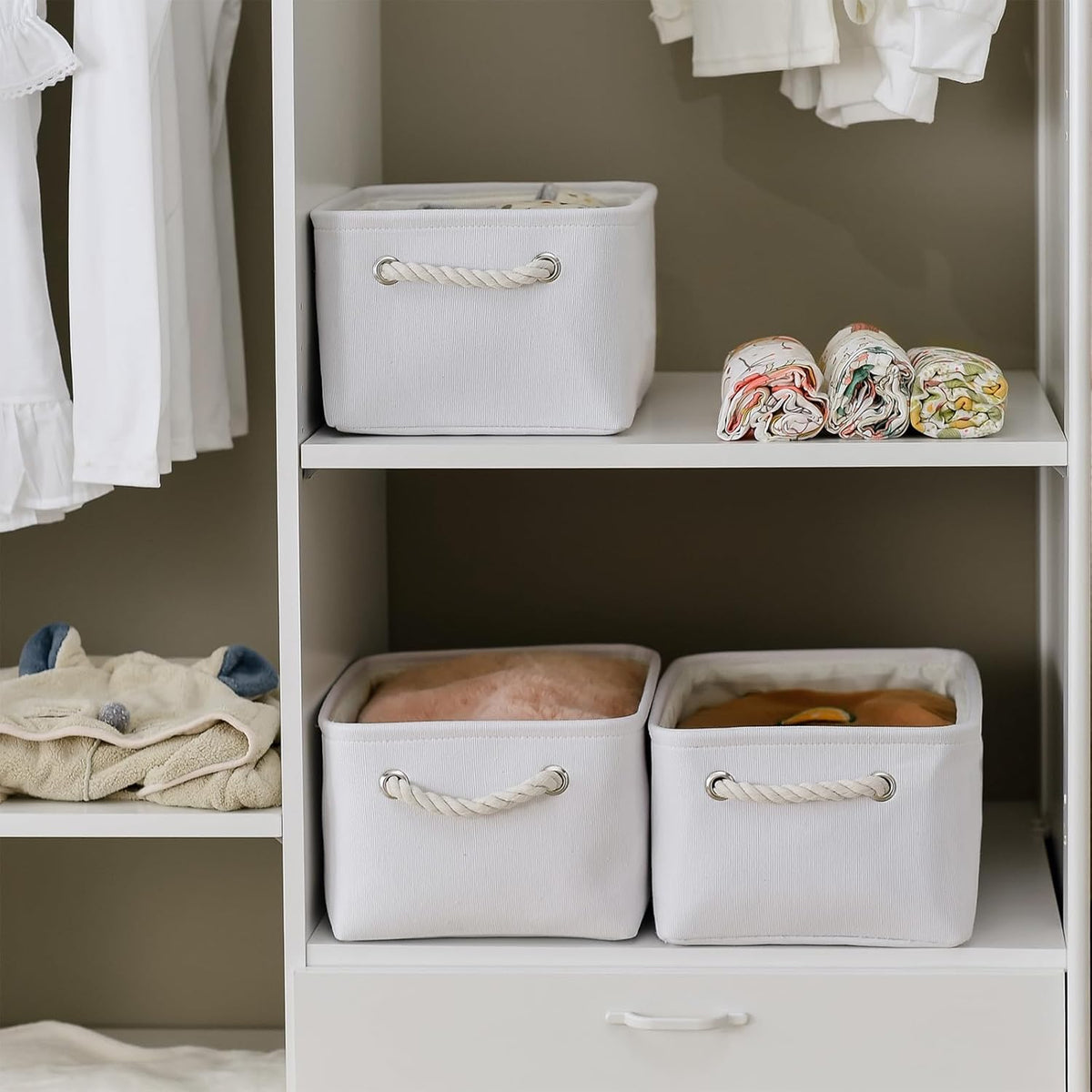 TheWarmHome Storage Bins for Shelves - Medium 3Pack 13.8L*9.8W*6.7H inch Fabric Storage Cubes Canves Storage Basket for Organizing Toys Baby Clothes Gift Dog (White)