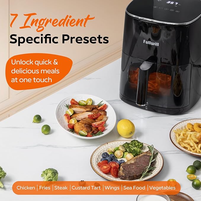 Fullwill 6QT Air Fryer with Visible Window,Nonstick and Dishwasher-Safe Basket,12-in-1 Multi-Function Air Fry,Roast,Bake, Dehydrate, Fries,for Family Party,1700W,Black