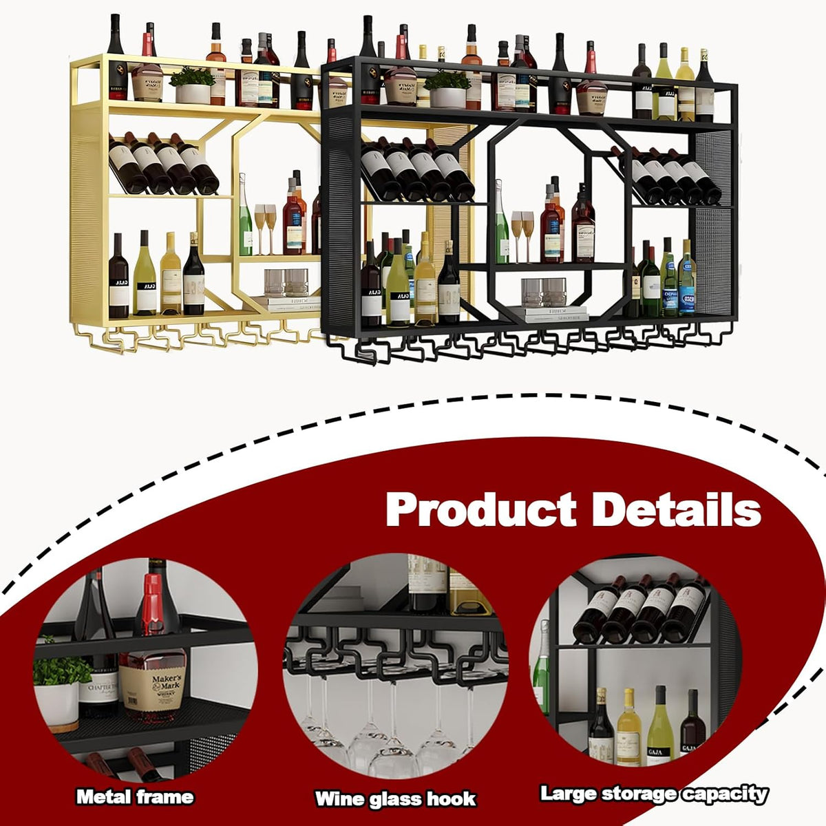 Wall Mounted Wine Rack, 3-Tiers Metal Bar Bottle Holder, Modern Wine Glass Storage Display Shelves, Wall Wine Rack for Kitchen Bar Dining Rooms Decoration ﻿ (Gold, 47.24in/120cm)