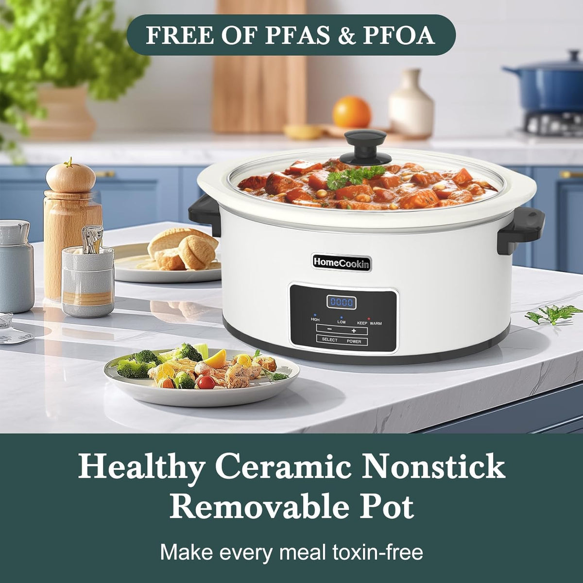 HOMECOOKIN 7-Quart Programmable Slow Cooker with Timer Keep Warm - Small Kitchen Appliance for Family Dinners - Serves 6+ People (White)