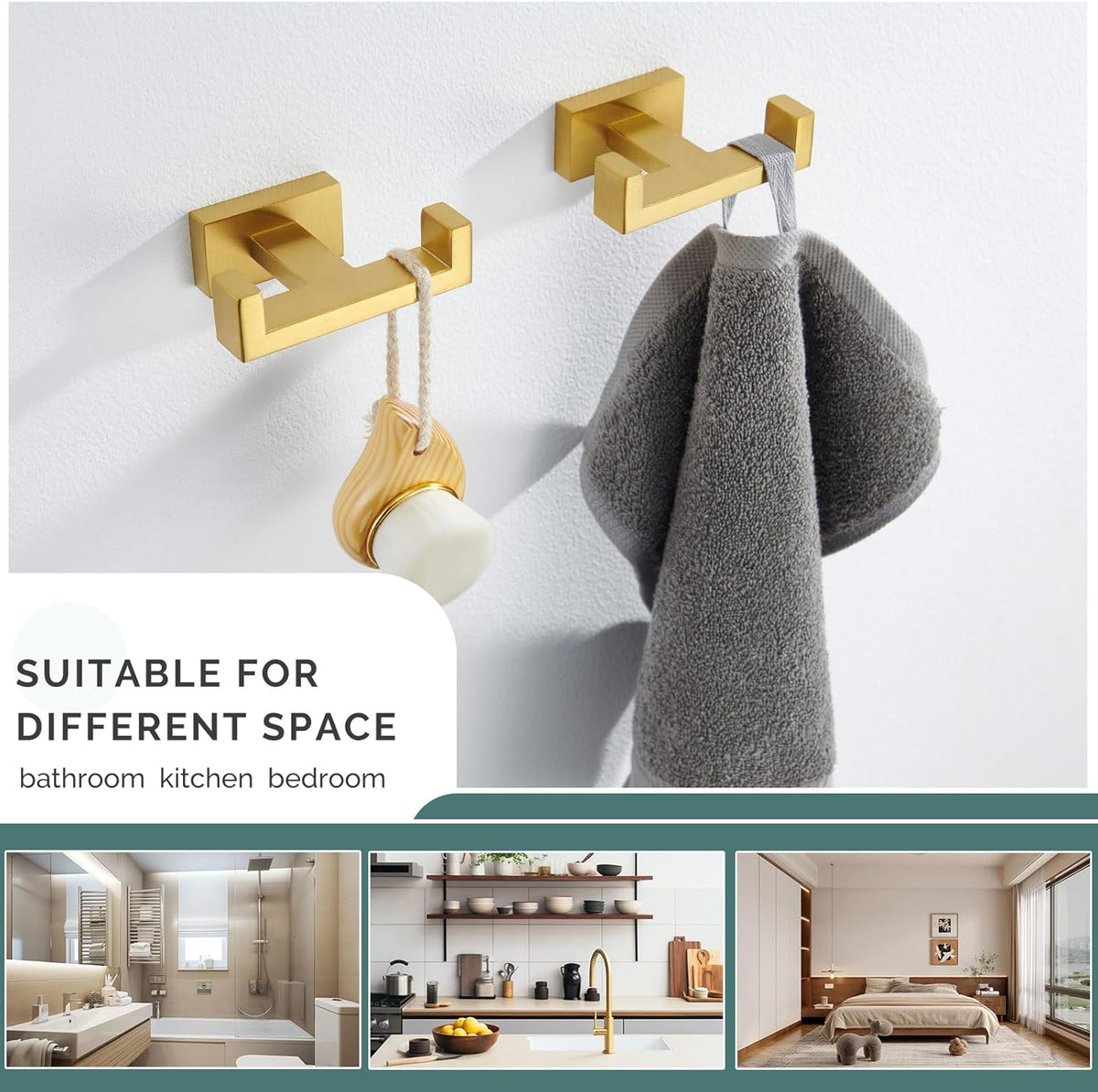 Angle Simple Double Towel Hook Brushed Gold 2 PCS, SUS304 Stainless Steel Bathroom Hand Towel Holder, Double Robe Hook for Wall