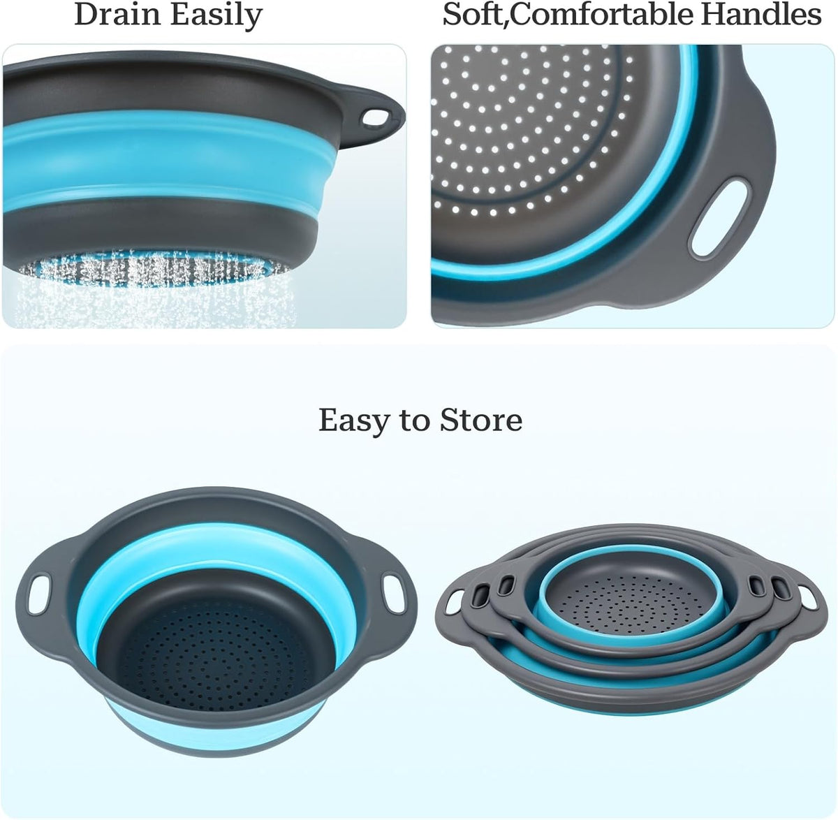 Collapsible Colander 3-Pack Set Space-Saving Foldable Kitchen Strainer with Non-Slip Base Durable Thickened PP+TPE Collapsible Strainers for Pasta, Vegetables, Fruits (Gray-Blue)