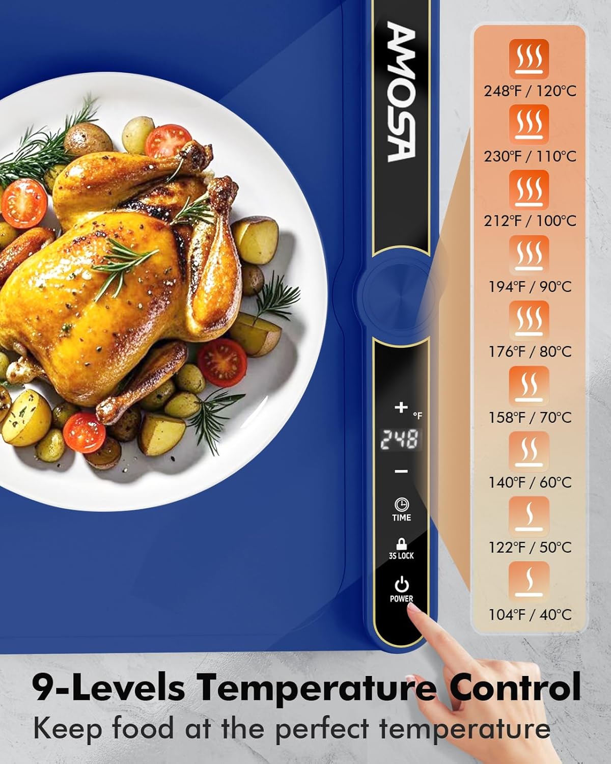 Warming Mat for Food, Fast Heating Electric Food Warmers with 9 Level Temperature and 6 Hours Timer, Large Roll Up Silicone Food Heating Mat, Portable Warming Trays for Buffets Party (Blue)