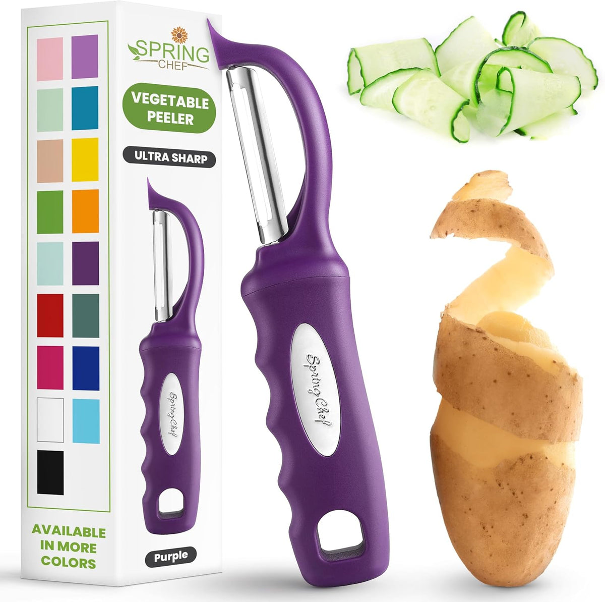 Spring Chef Professional Purple Swivel Vegetable Peeler for Kitchen, Stainless Steel Potato Peeler with Soft Grip Handle, Perfect For Veggie, Fruit, Carrot, Apple, Cucumber - Dishwasher Safe