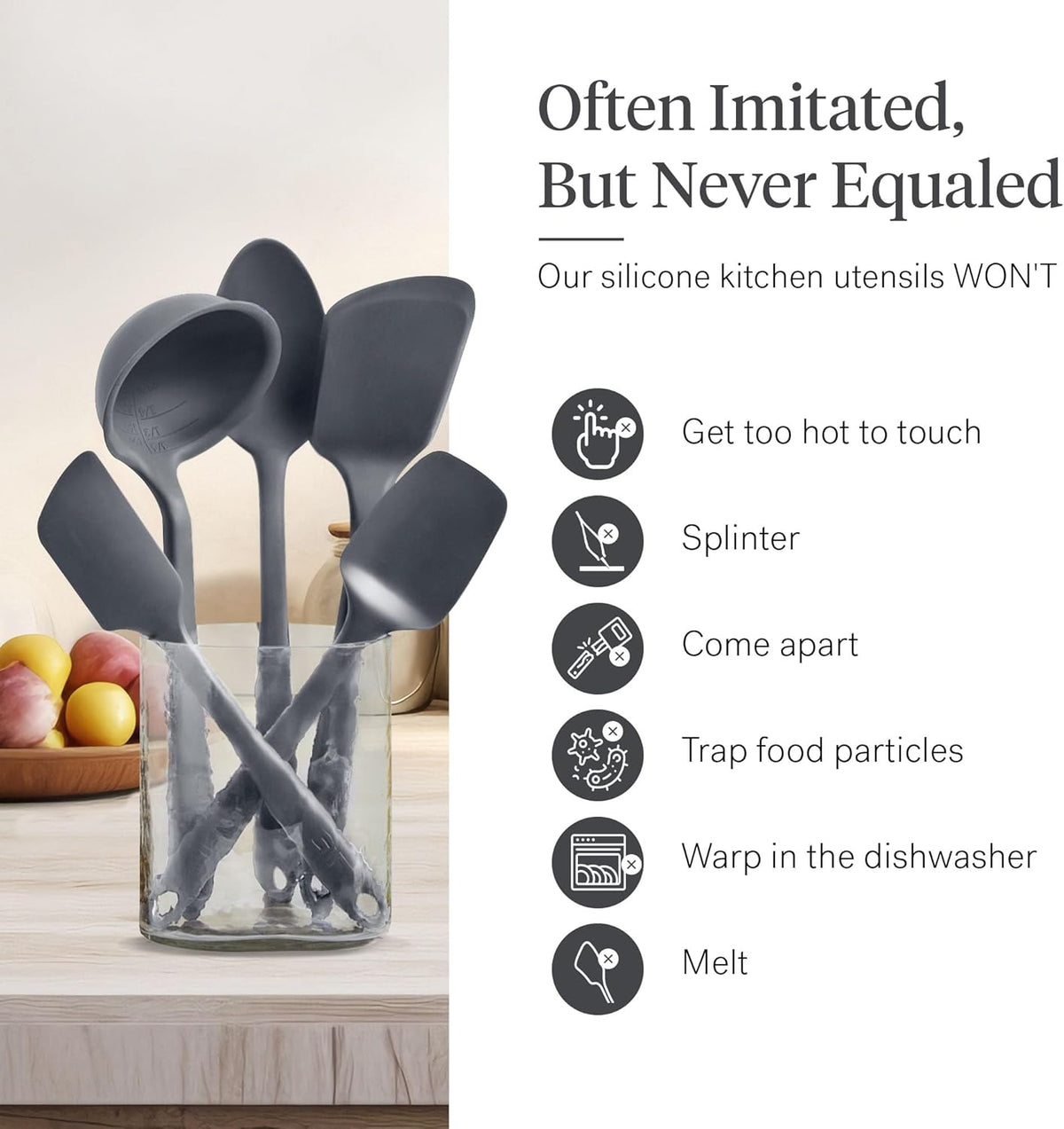 GIR: Get It Right 5 Piece Silicone Essentials Kitchen Utensils Set - Ladle, Spatula, Flip, Spoon & Spoonula - Non-Toxic Cooking Utensils for Nonstick Cookware, Cooking and Baking - Charcoal