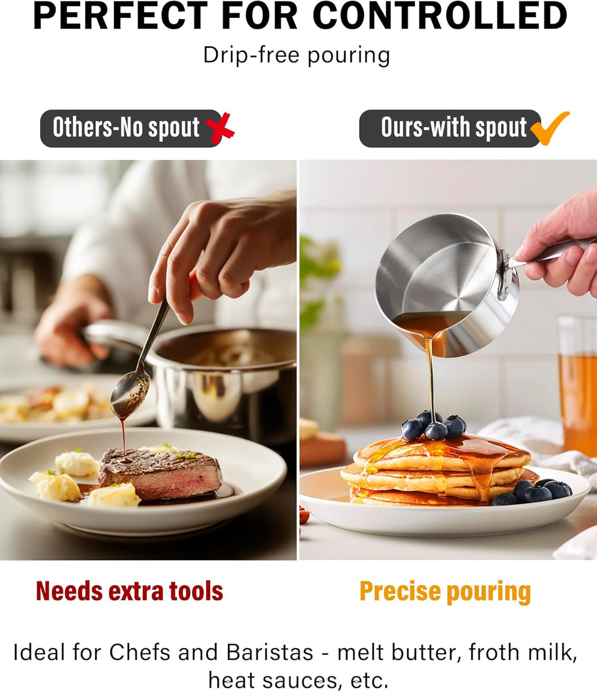 Cooks Standard Stainless Steel Butter Warmer Pot Set, 0.15/0.29/0.46/0.68 QT Multi-Ply Clad Small Sauce Pans, Mini Butter Chocolate Milk Melting Pot with Pour Spout, 4-Piece
