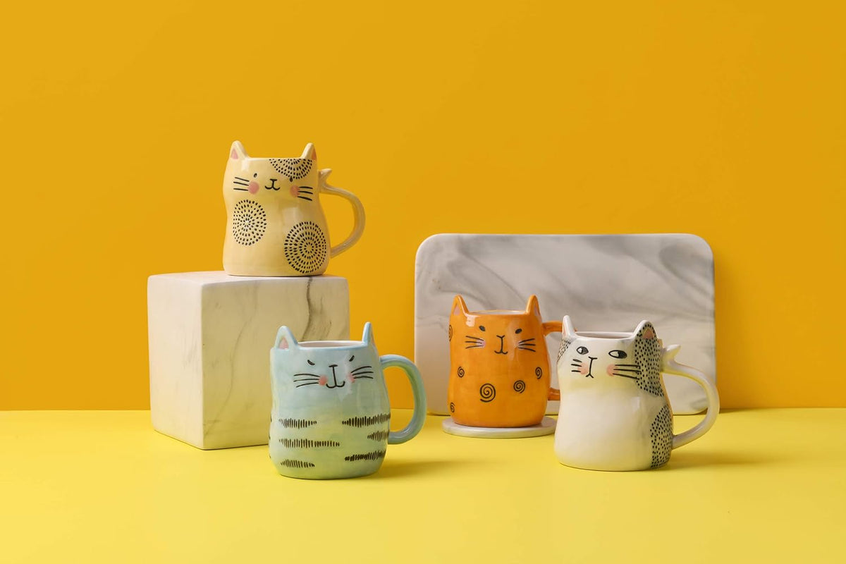Bico Cartoon Cat Coffee Mugs Set of 4, Cute Ceramic Mugs with Unique Cats Faces, Stoneware Coffee Tea Mug Gifts for Cat Lovers, Women and Men, Microwave and Dishwasher Safe (10 oz)