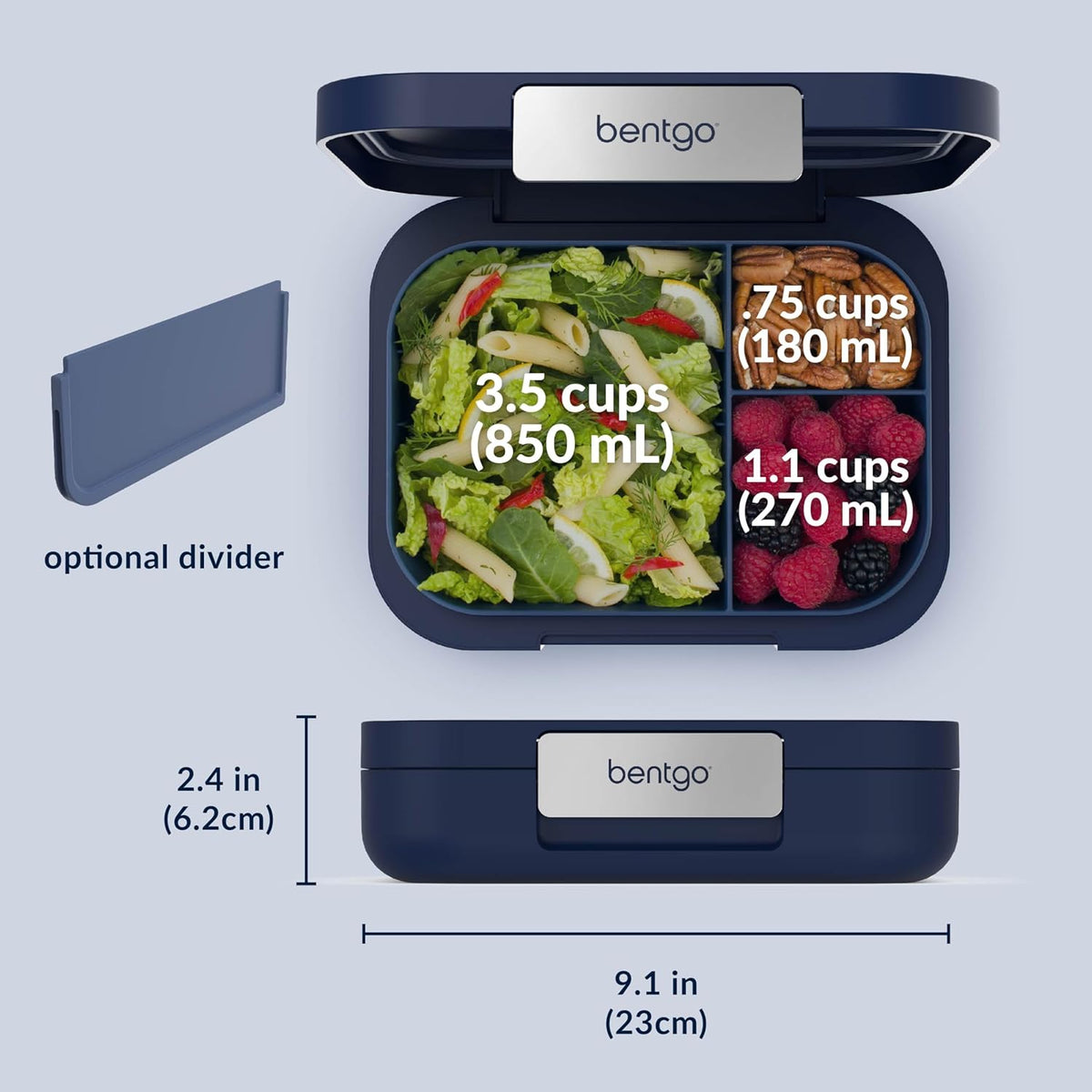Bentgo Modern - Adult & Teen Bento Lunch Box; 3-4 Compartments, Leak-Resistant, 5.5 Cup Capacity/44 fl oz, Improved Locking Clips, Reusable, BPA-Free, Dishwasher/Microwave Safe Tray (Navy)