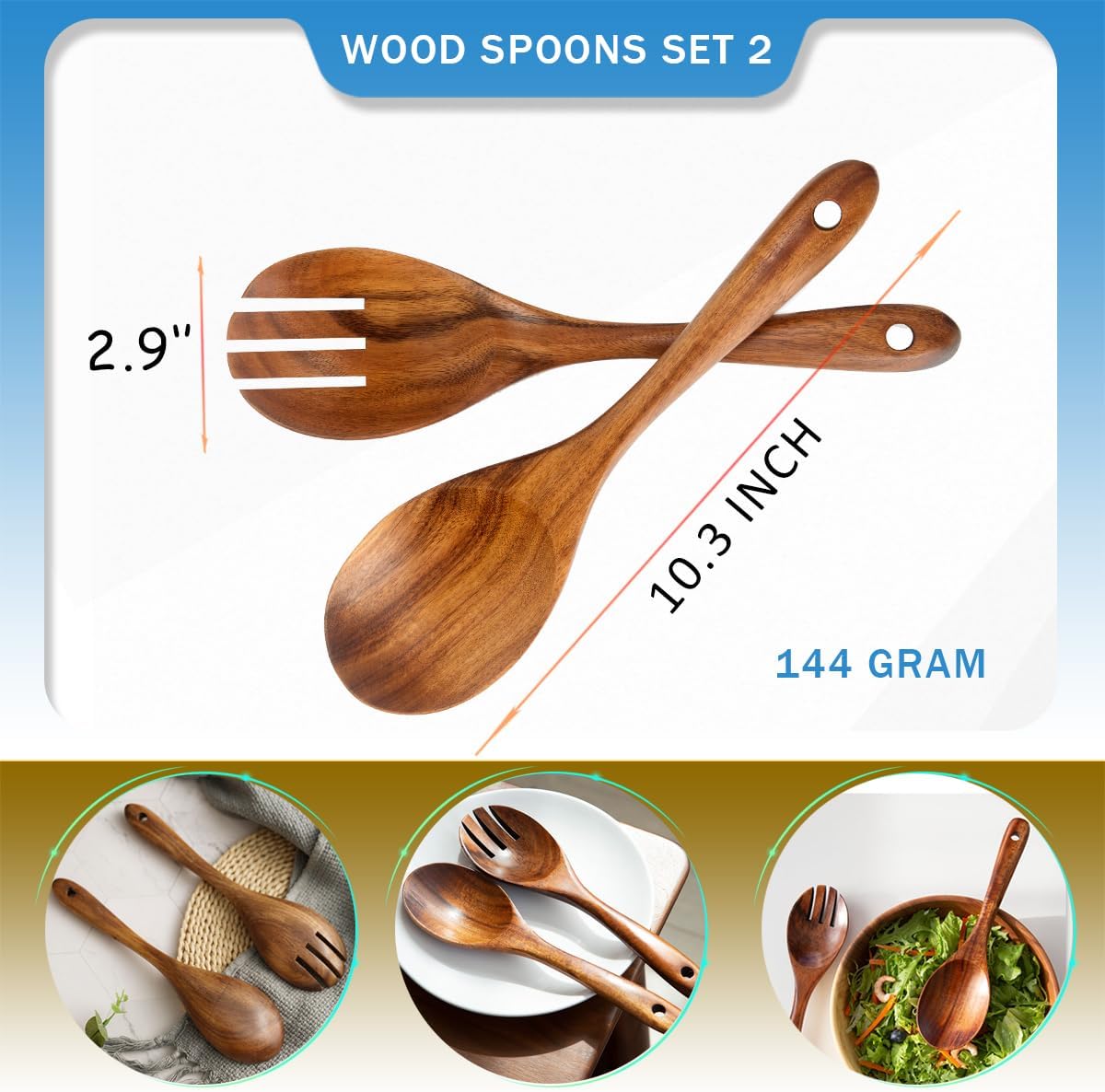 Teak Wooden Spoons 10.2-Inch Pack of 2, Salad Serving Spoons, Wooden Salad Spoon for Cooking, Teak Wood Serving Spoon