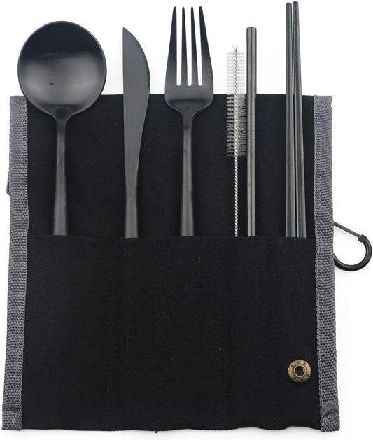 Portable 6 Pieces Flatware Set, 304 Stainless Steel Knife, Fork, Spoon, Chopsticks, Metal Straw, Cleaning Brush, Durable Travel Cutlery Set, Black Pouch Bag, Black