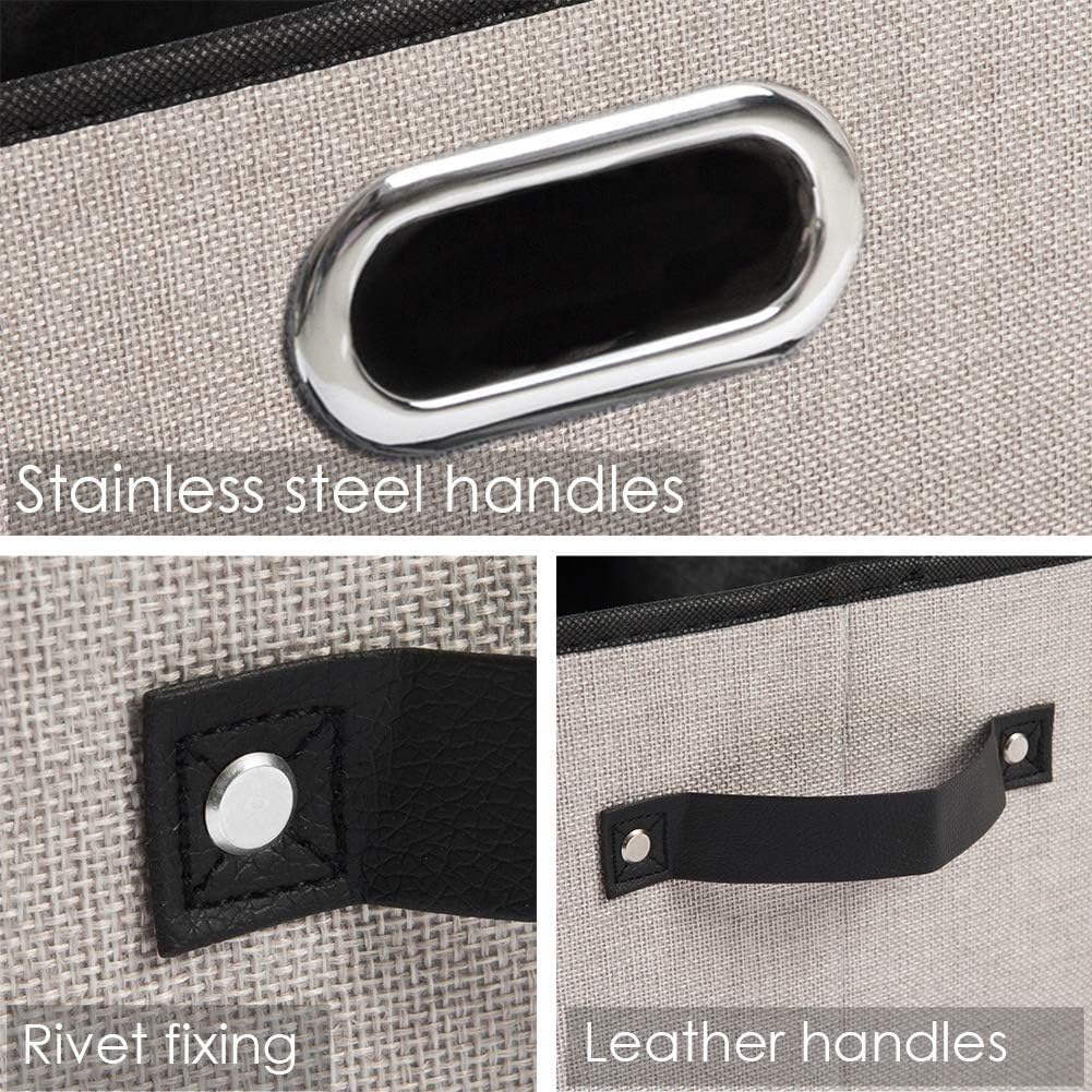 PRANDOM Fodable Storage Bins for Closet [3-Pack] Decorative Fabric Storage Baskets Cubes with Leather/Metal Handles for Shelves Bedroom Living Room Light Grey (11.5x8.5x6.7 Inch)