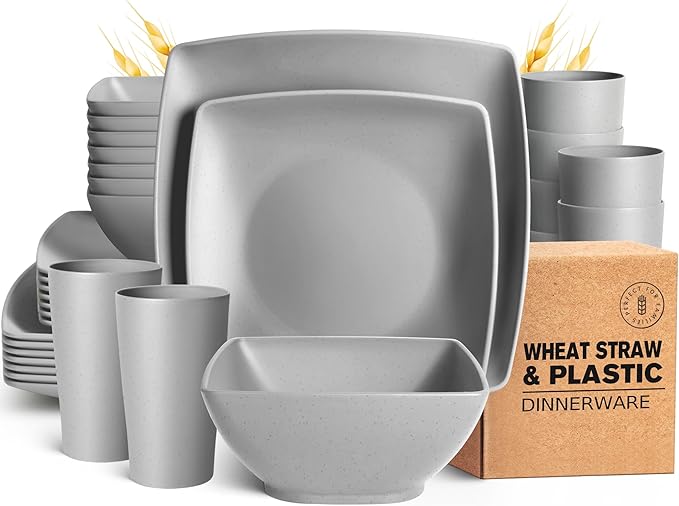Teivio 32-piece Plastic Wheat Straw Square Dinnerware Set for 8, Unbreakable Dinner Plates, Salad Plates, Snack Bowls, Tumblers, Dishwasher Safe, Light Gray