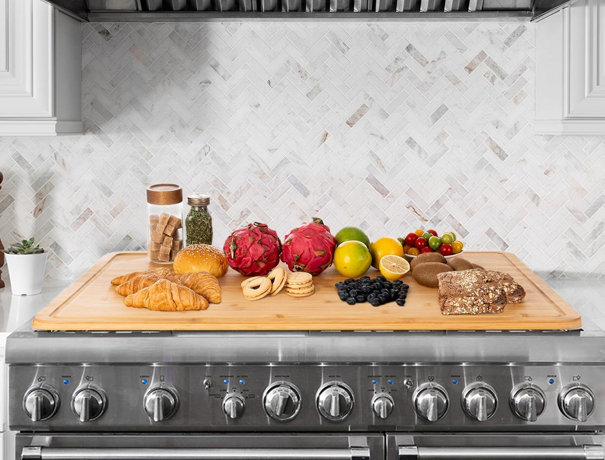 Heimlove 30" Stove Top Cover, Extra Large Bamboo Cutting Boards for Kitchen, Noodle Board Stove Cover Wooden Kitchen Sink Cover, Turkey Carving Board with Juice Groove and Handles