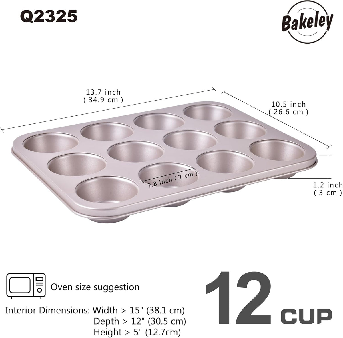 Muffin Cake Pan, 12-Cavity Non-Stick Cupcake Pan Bakeware for Oven Baking (Champagne Gold)