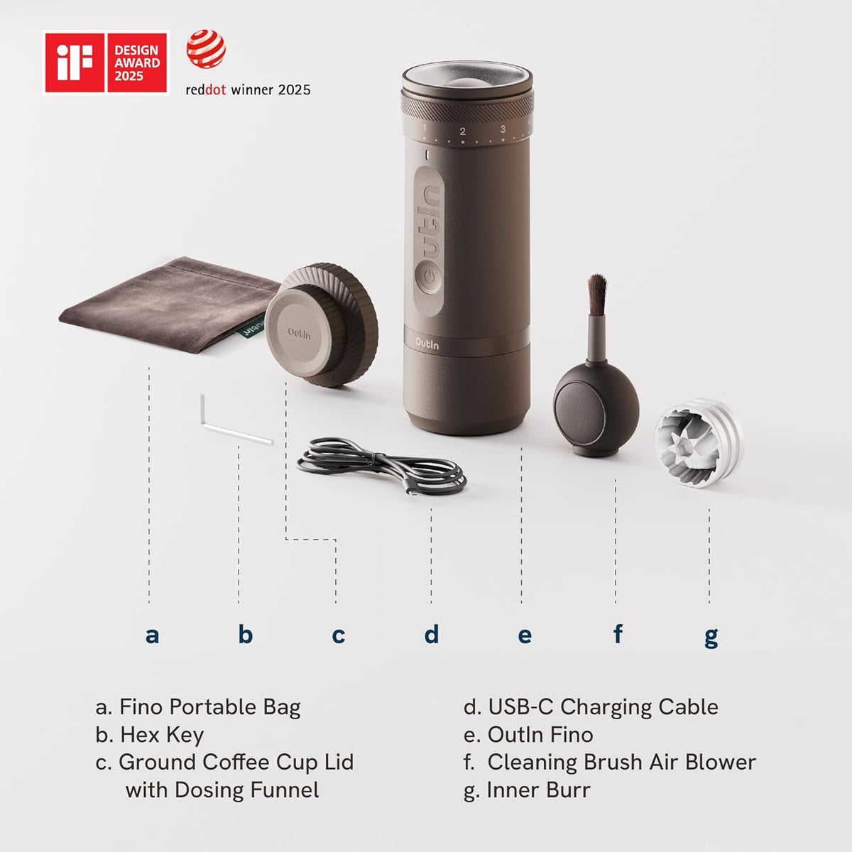 OutIn Fino Portable Electric Coffee Grinder,Adjustable Coffee Bean Grinder with 28 Precise Grind Setting,One-Button Burr Coffee Grinder with Fast‑Charge Battery, Auto‑Stop & Clog‑Protection