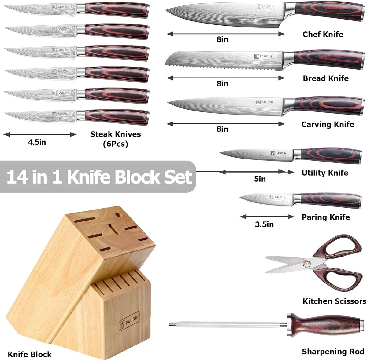 PAUDIN Kitchen Knife Set with Block, 14 Pieces Knife Sets for Kitchen with Block, High Carbon German Stainless Steel Sharp Chef Knife Set with Ergonomic Pakkawood Handle