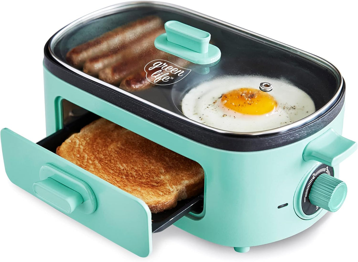 GreenLife 3-in-1 Breakfast Maker Station, Healthy Ceramic Nonstick Dual Griddles for Eggs Meat Sausage Bacon Pancakes and Breakfast Sandwiches, 2 Slice Toast Drawer, Easy-to-use Timer, Turquoise