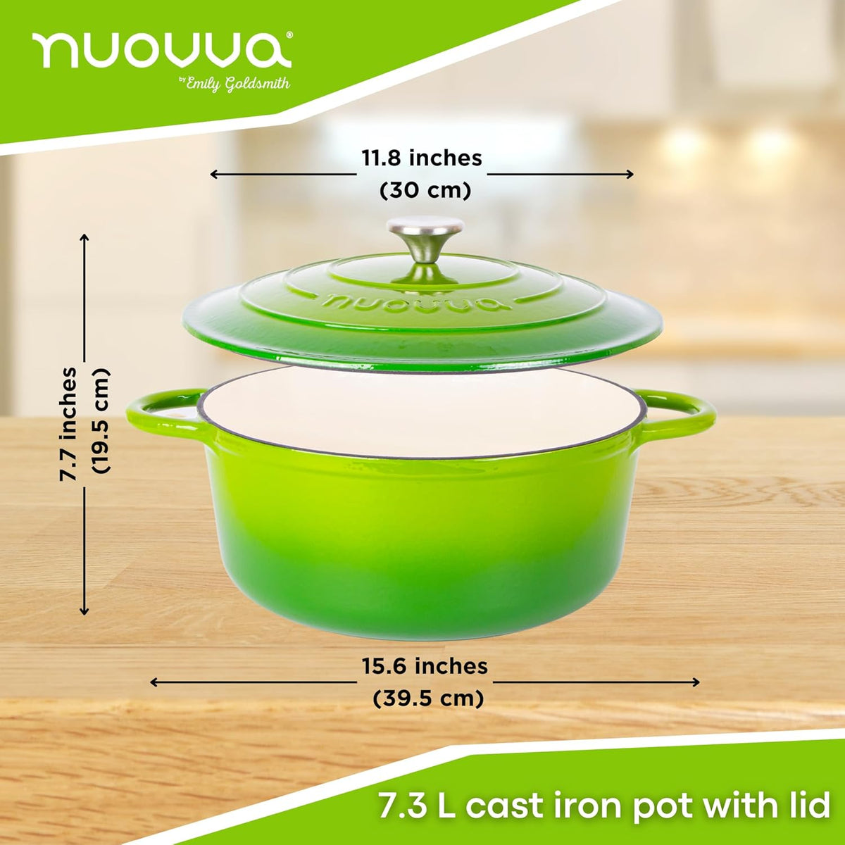 Cast Iron Dutch Oven with Lid – Non-Stick Ovenproof Enamelled Casserole Pot – Sturdy Dutch Oven Cookware – Green, 7.3-Quart, 30cm – by Nuovva