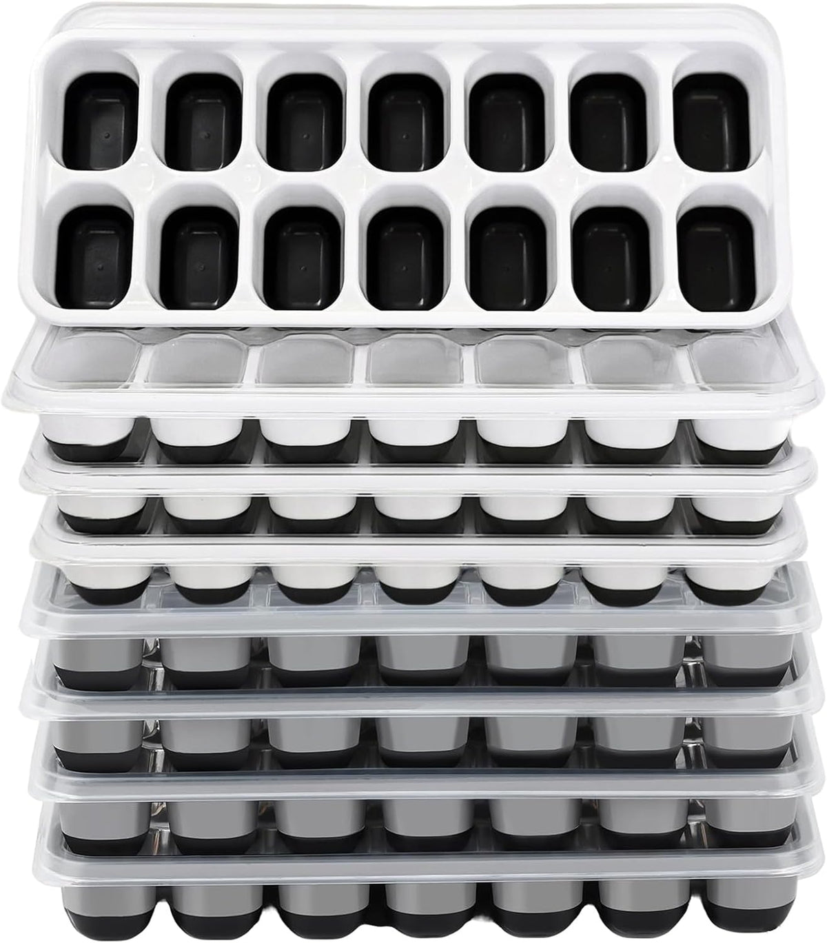 Silicone Ice Cube Tray, 8 Pack Easy-Release & Flexible 14-Ice Cube Trays with Spill-Resistant Removable Lid, Stackable Ice Trays with Covers for Freezer, Cocktail (4 Black+ 4 Grey)