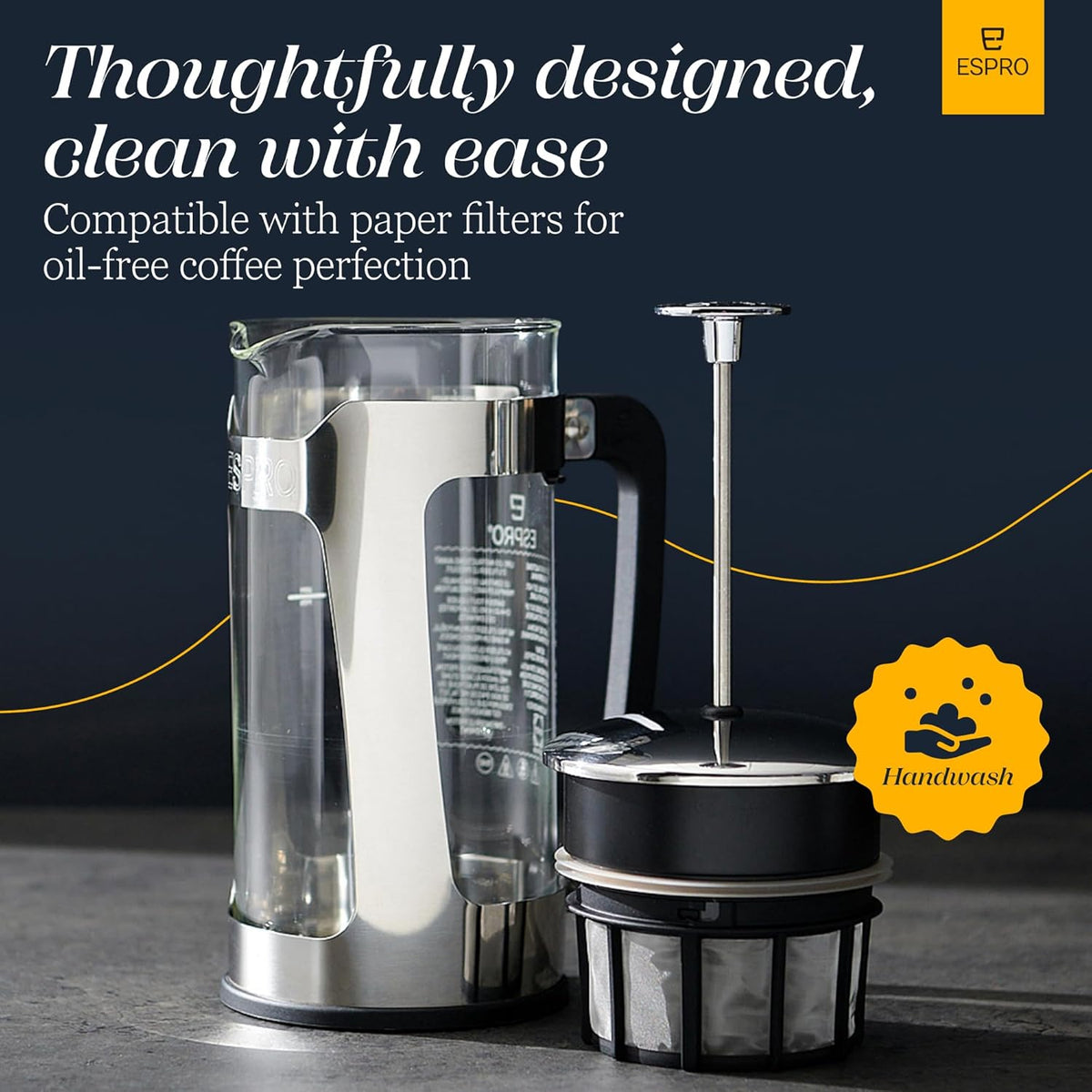 ESPRO - P5 French Press Coffee Maker – Patented Double Microfilter for Sludge and Grit Free Coffee, Black, 32 oz