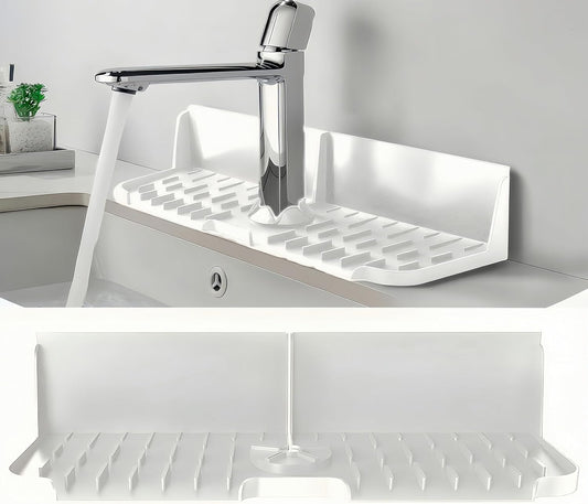 Silicone Kitchen Sink auto Drain Organizer, Kitchen countertop and Sink Splash Guard.Kitchen Sponge Rack and organizing Shelf，Suitable for Cleaning Tools, dispensers, Bottles, Cups (Transparent)
