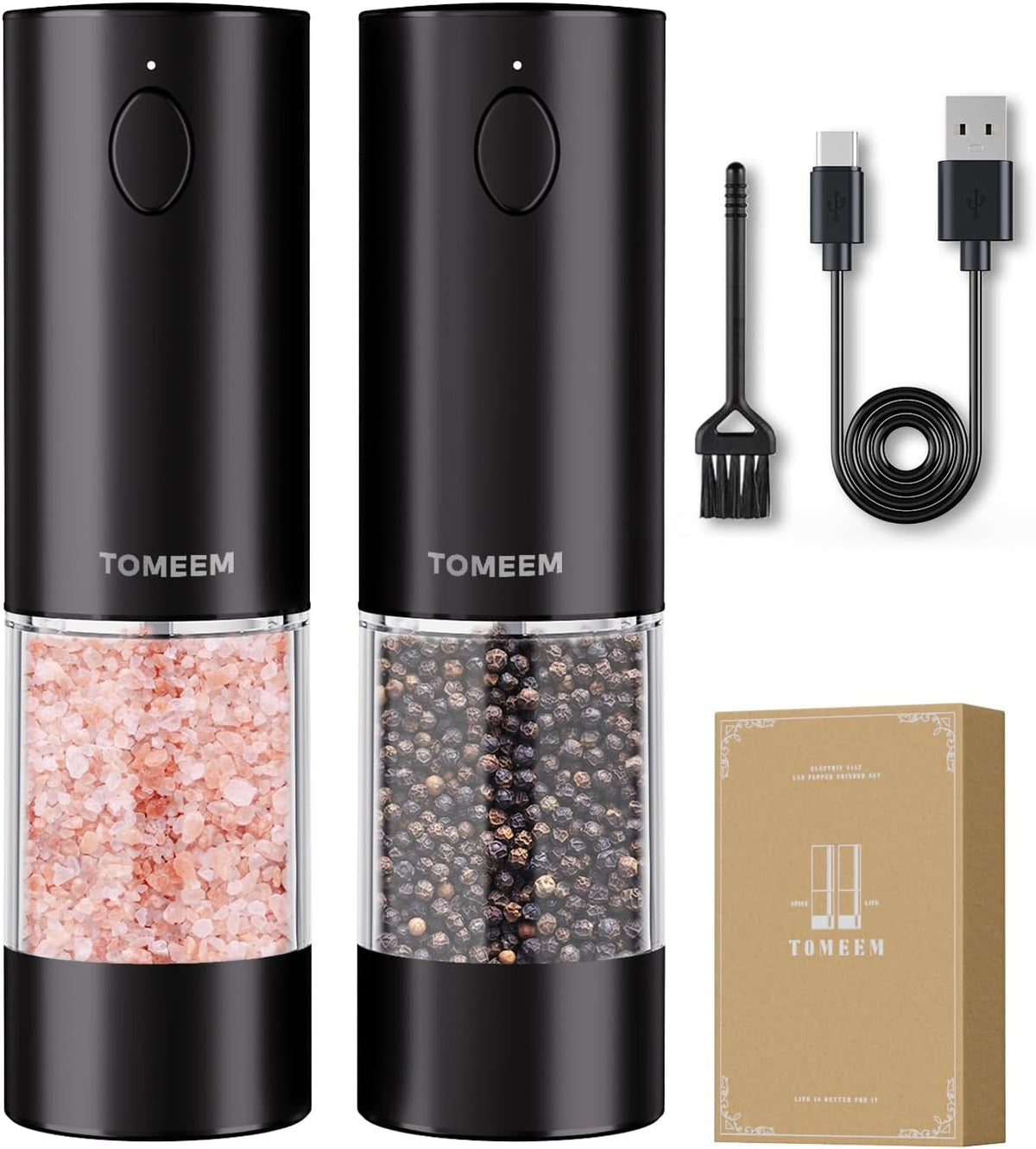 TOMEEM Upgraded Larger Capacity Electric Salt and Pepper Grinder Set Rechargeable with LED lights, Stainless Steel Automatic Pepper and Salt Grinder Refillable with 5 Adjustable Coarseness Black