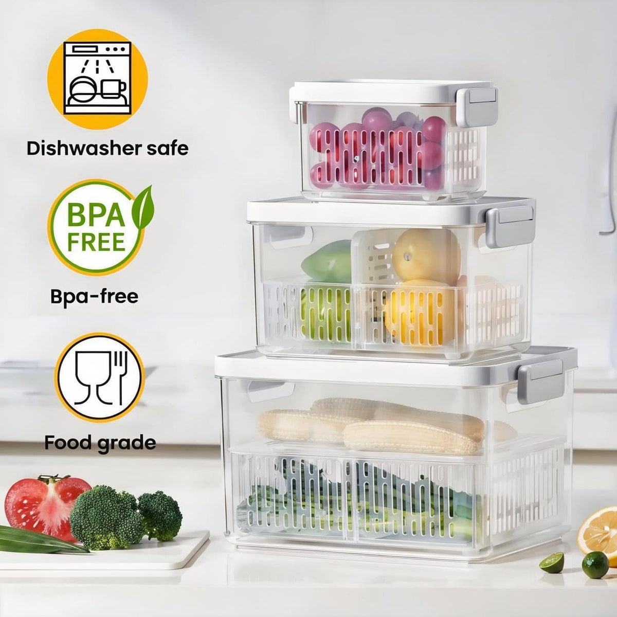 vacane Clear Fruit Containers for Fridge with Timing Knob, Produce Saver with Lids & Colanders, Dishwasher Safe Berry Containers, Keep Vegetable Food Fresh