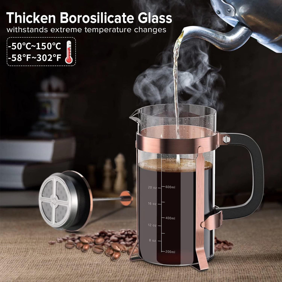 QUQIYSO French Press Coffee Maker 34oz 304 Stainless Steel with 4 Filter, Heat Resistant Durable, Easy to Clean, Borosilicate Glass Press, 100% BPA Free Teapot (Copper)
