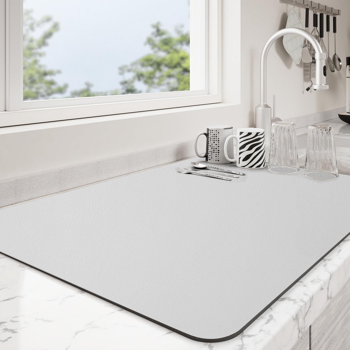 Dish Drying Mat for Kitchen Counter | Coffee Bar Mat for Countertops | Heat Resistant Drainer Mat with Non-slip Rubber Backed | Hide Stain Kitchen Absorbent Draining Mat | Light Grey 16"x18"