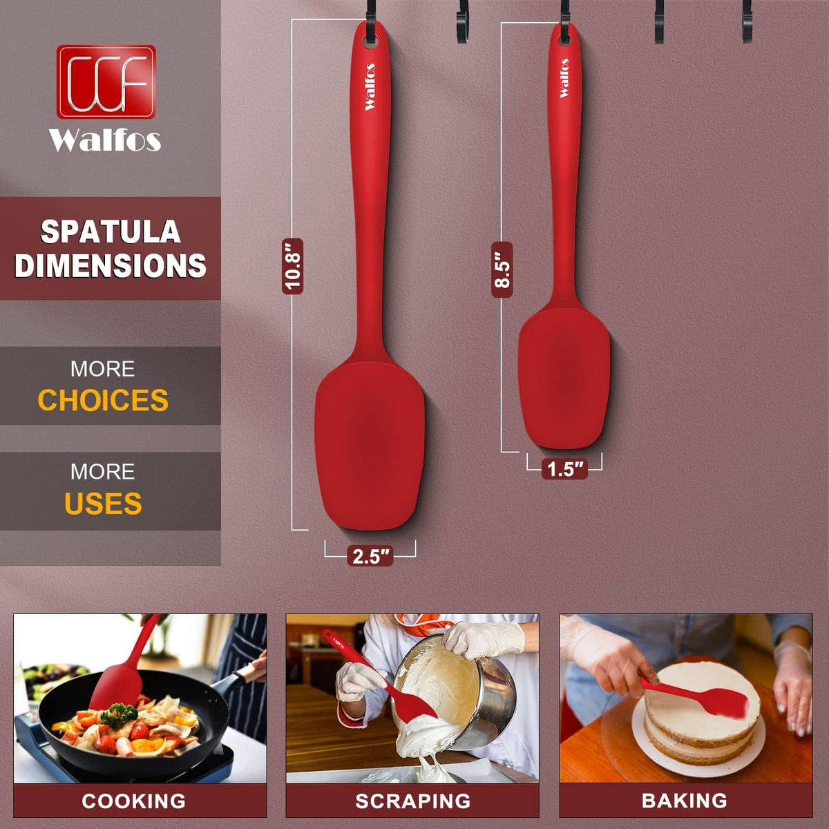 Walfos Silicone Spatula - 600°F High Heat Resistant Kitchen Spoon Spatulas, Strong Steel Core & One-Pieces Seamless Design, Perfect for Cooking Mixing & Baking - BPA Free & Dishwasher Safe 2 Set, Red