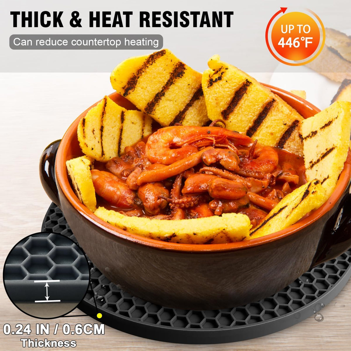 Walfos Silicone Trivet Mats - 4 Heat Resistant Pot Holders, Multipurpose Non-Slip Hot Pads for Kitchen Potholders, Hot Dishers, Jar Opener, Spoon Holder, Food Grade Silicone & BPA Free (Black)