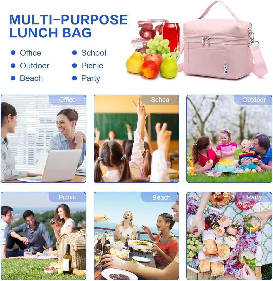 NOL Natural Organic Lifestyle Insulated Lunch Bags for Women Cooler Bag Lightweight Nylon Waterproof Lunch Box For Work (Medium, Pink)